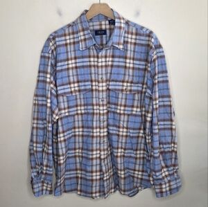 Izod | Blue Tan Cream Orange Plaid Button Up Shirt 100% Cotton Size XL
